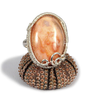 Agat koronkowy, Srebrny regulowany pierścionek z agatem pomarańczowym regulowany, prezent dla niej prezent dla mamy, prezent dla kobiety handmade pomysł na prezent