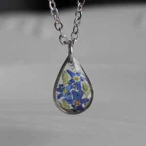 Srebrna łezka zawieszka srebrny wisiorek kwiat naszyjnik żywica z żywicy suszone kwiaty z kwiatami naturalne żywe kwiaty niezapominajki niezapominajkami