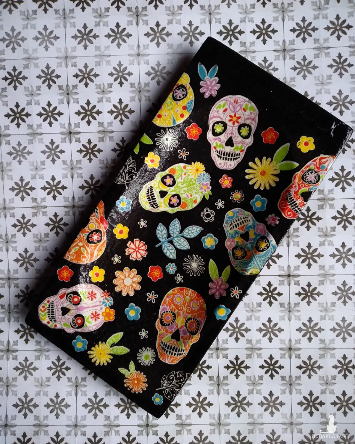 Drewniana kolorowa taca na biżuterię meksykańskie czaszki decoupage