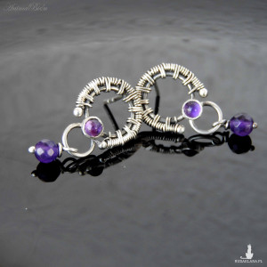 Kolczyki srebrne wkrętki z ametystem wyplatane