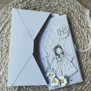 131,, KOMUNIA< komplet komunijny - kartka w kopercie 3d dla dziewczynki z życzeniami