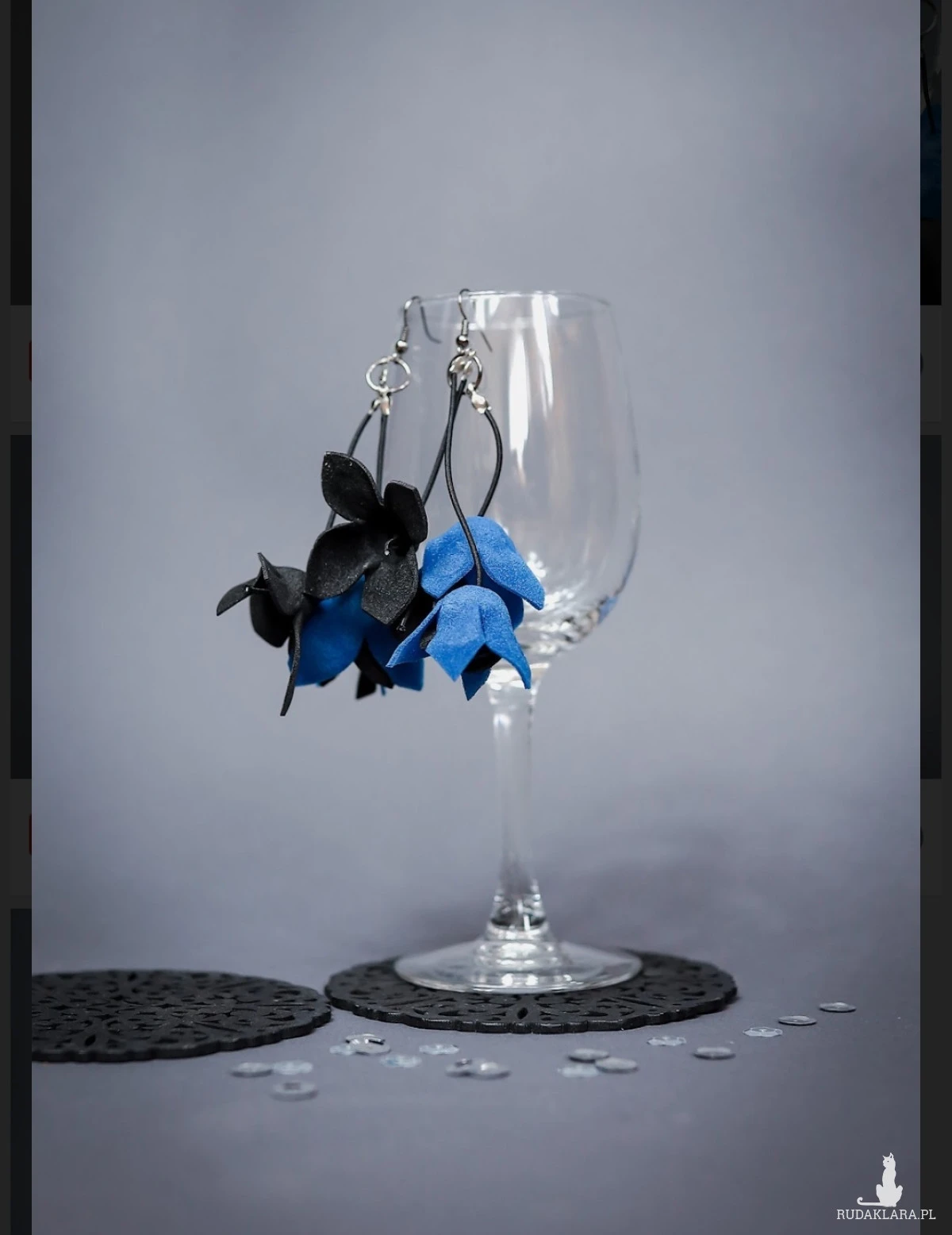 Kolczyki granatowo czarne  kwiaty