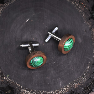 Drewniane spinki do mankietów z kamieniem / malachit