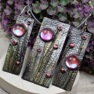 Komplet biżuterii "łąka" z pięknymi, szklanymi kaboszonami