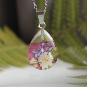 Srebrna zawieszka srebrny wisiorek kwiat naszyjnik żywica z żywicy suszone kwiaty z kwiatami naturalne żywe kwiaty żywica epoksydowa łza łezks