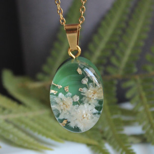 Złota zawieszka złoty wisiorek kwiat naszyjnik żywica z żywicy suszone kwiaty z kwiatami duży białe kwiaty