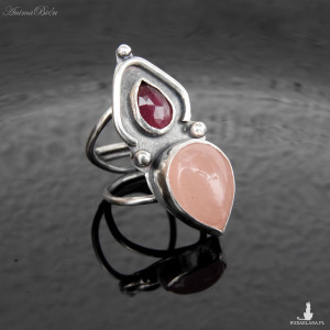 Pierścionek srebrny z kwarcem różowym i turmalinem