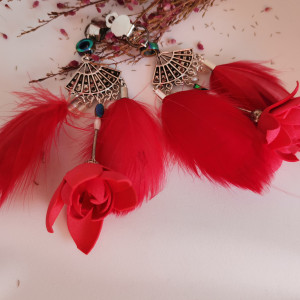 Klipsy długie etno czerwone kwiaty