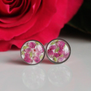 Srebrne kolczyki wkręty sztyfty żywica z żywicy kwiaty z kwiatami suszone prawdziwe kwiaty retro vintage kobiece na prezent delikatne różowe wrzosem wrzos