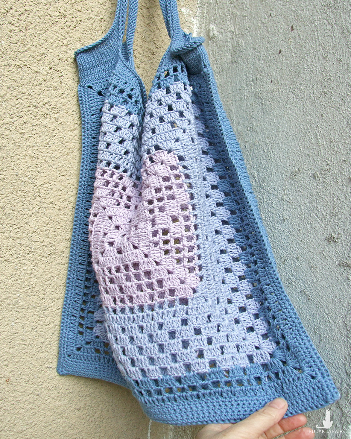 Ażurowa torba - siatka na ramię, kolorowa, bawełniana - Niebieska