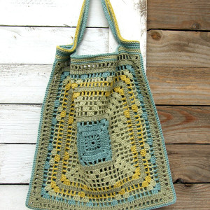 Ażurowa torba - siatka na ramię, kolorowa, bawełniana - odcienie zieleni