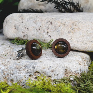 Drewniane spinki do mankietów koszuli z pomarańczowym labradorytem #41