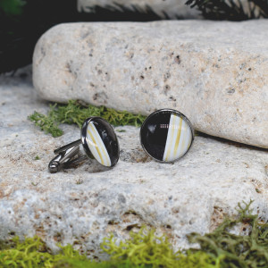 Czarne spinki do mankietów koszuli z oczkiem z geometrycznym wzorem #79