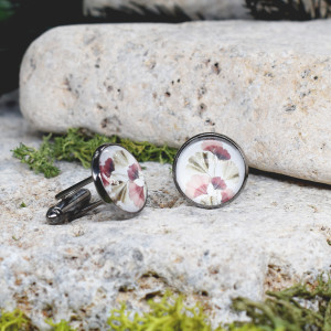 Czarne spinki do mankietów koszuli z oczkiem / liściasty wzór / miłorząb #83