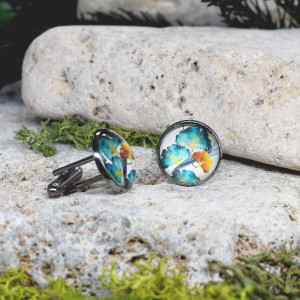 Czarne spinki do mankietów koszuli z oczkiem / liściasty wzór / miłorząb #86