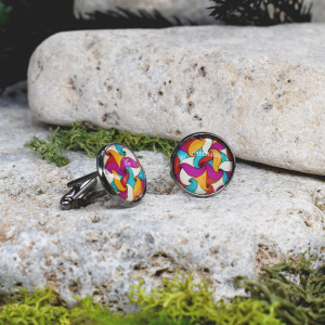 Czarne spinki do mankietów koszuli z oczkiem / kolorowe fale, abstrakcja, geometria #96