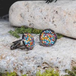 Czarne spinki do mankietów koszuli z oczkiem / kolorowe fale, abstrakcja, geometria #102