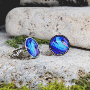 Srebrne spinki do mankietów koszuli z oczkiem / kolorowe fale, abstrakcja, neonowe światła, cyberpunk #108