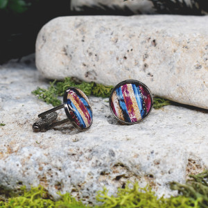 Czarne spinki do mankietów koszuli z oczkiem / kolorowe fale, abstrakcja, paski #114