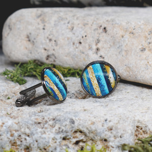 Czarne spinki do mankietów koszuli z oczkiem / kolorowe fale, abstrakcja, paski #121