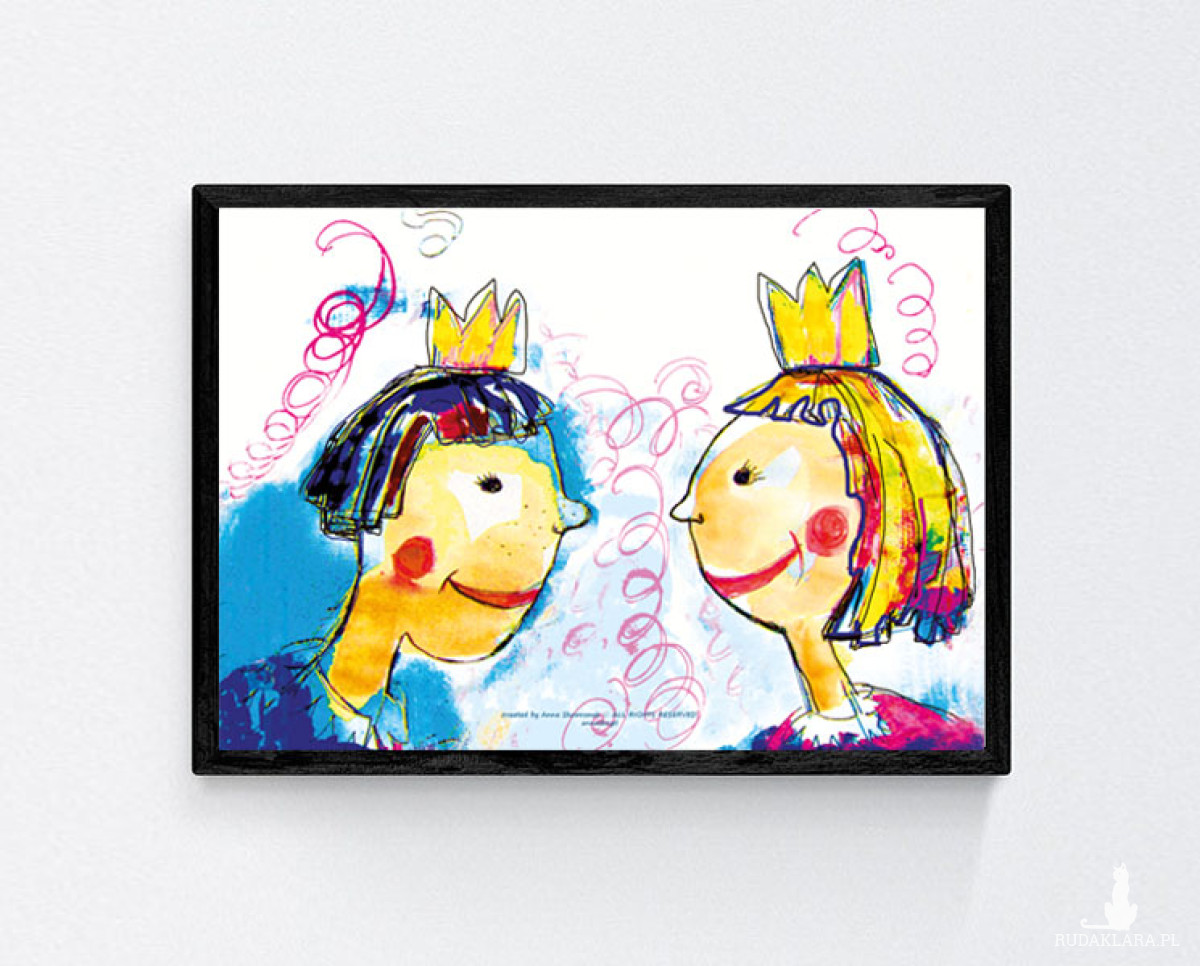 Królewicz  i królewna plakat dla dziewczynki, bajkowy plakat dla dzieci, kolorowy obrazek do dziecięcego pokoju, grafika do pokoju dziecka
