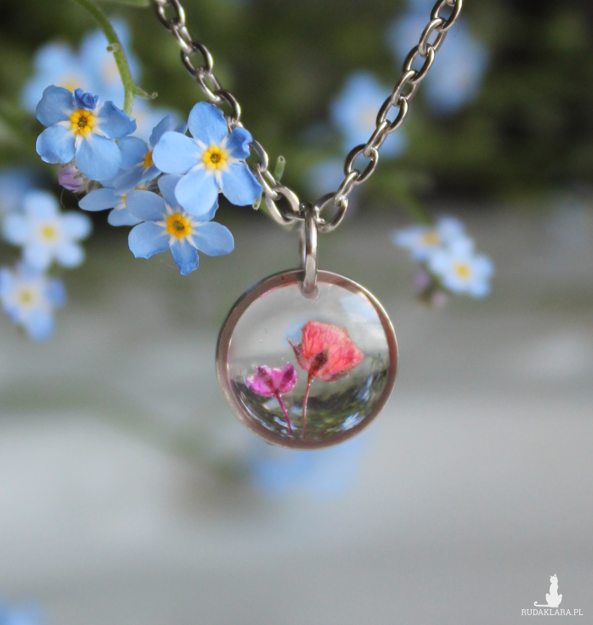 Srebrna zawieszka srebrny wisiorek naszyjnik żywica z żywicy kwiaty z kwiatami suszone prawdziwe kwiaty kolorowe delikatna