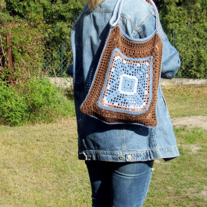 Bawełniana torba - siatka na ramię - Niebiesko-brązowa