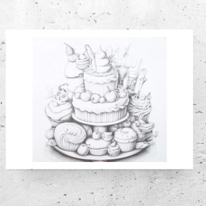 czarno biały plakat A4, mały plakat do kuchni, nowoczesne plakaty do domu, biało czarny plakat ze słodyczami, ciastka plakat, tort plakat, słodycze plakat 21x30, plakat do cukierni, obrazek