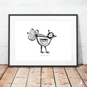 biało czarny plakat A4, czarno biały plakat z ptaszkiem, ładna grafika na ścianę, skandynawski plakat do pokoju, mały obraz z ptaszkiem, minimalizm dekoracja do domu