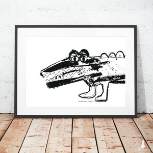 biało czarny plakat A4, śmieszny plakat z krokodylem, krokodyl grafika na ścianę, czarno-biały plakat do pokoju chłopca, krokodyl plakat A4,