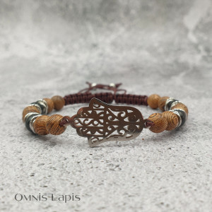Bransoletka makrama - drewno egzotyczne, ręka Fatimy