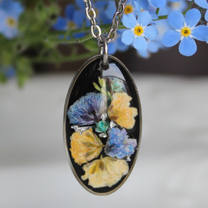 Gwiaździsta Noc srebrna zawieszka srebrny wisiorek naszyjnik żywica z żywicy kwiaty z kwiatami jajowata retro naturalna dziewczęca kobieca czarna