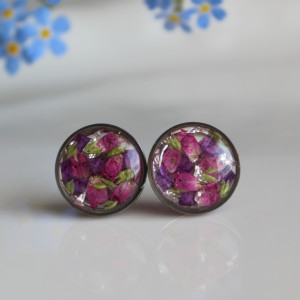 Srebrne kolczyki wkręty sztyfty żywica z żywicy kwiaty z kwiatami suszone prawdziwe kwiaty retro vintage kobiece na prezent delikatne różowe wrzosem wrzos