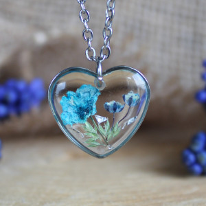 Srebrna zawieszka srebrny wisiorek kwiat naszyjnik żywica z żywicy kwiaty z kwiatami serce serduszko niebieskie