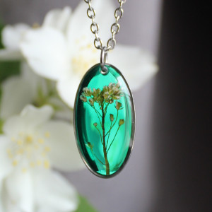 Srebrna jajowata zawieszka srebrny wisiorek kwiat naszyjnik żywica z żywicy kwiaty z kwiatami drzewko drzewo szczęścia kwiaty szmaragdowa szmaragd