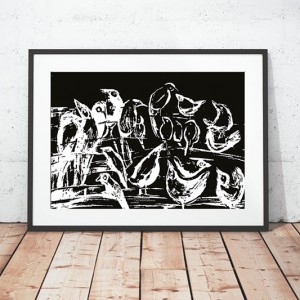 21x30 czarno biały plakat skandynawski, nowoczesna grafika z ptakami, ładny plakat minimalizm, ptaszki obrazek, ptaszki grafika do pokoju