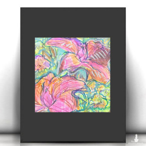 kolorowy obrazek A4, mały rysunek z kwiatkami, kwiaty rysunek A4, kwiatki obrazek 21x30, ogród obrazek do domu, kwiaty grafika na ścianę, boho dekoracja na ścianę, łąka obrazek A4