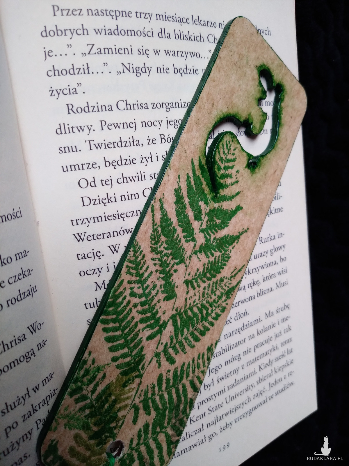 Drewniana zakładka do książki paproć liście paprotki wycięta jaszczurka decoupage