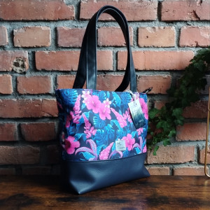 Torebka damska tote bag z zamkiem wzór botaniczny różowo-niebieskie kwiaty