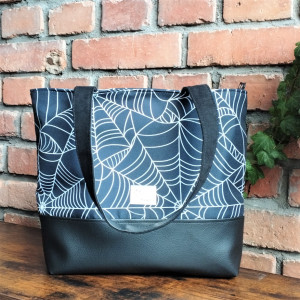 Torebka damska tote bag z zamkiem wzór pajęczyny czarno-biała