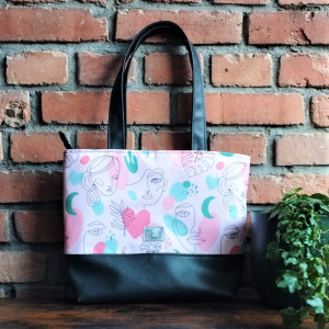 Torebka damska tote bag z zamkiem wzór kobiece twarze kolorowe