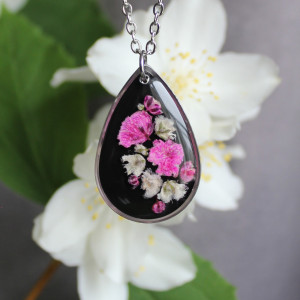 Srebrna łezka zawieszka srebrny wisiorek kwiat naszyjnik żywica z żywicy suszone kwiaty z kwiatami naturalne żywe kwiaty różowe róż