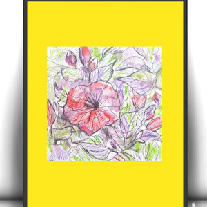 kwiatki obrazek A4, kwiaty obrazek 21x30,  rysunek z kwiatami, obrazek z łąką, ogród akwarela, łąka obrazek, boho grafika do domu