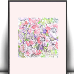 kwiaty rysunek A4, łąka rysunek 21x30, boho dekoracja na ścianę, pastelowy obraz A4, ogród obrazek, mały obrazek z kwiatkami, obrazek z łąką