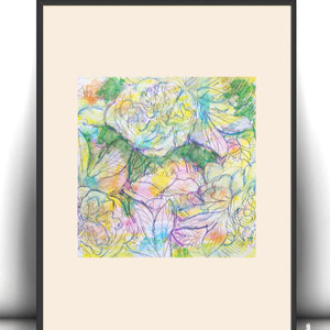 pastelowy obrazek A4, kwiaty rysunek A4, kwiatki rysunek 21x30, mały rysunek z kwiatkami, boho dekoracja do domu, łąka obraz 21x30, ogród obrazek A4