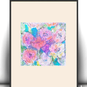 łąka rysunek A4, pastelowa dekoracja na ścianę, kwiaty obrazek 21x30, mały rysunek z kwiatkami, łąka grafika do salonu, rysunek do sypialni, obrazek do przedpokoju