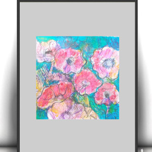 łąka obrazek A4,  ogród rysunek, kwiaty obrazek 21x30, pastelowy rysunek z kwiatkami, mały obraz z kwiatkami, boho dekoracja do domu