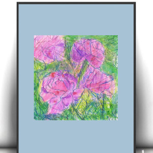 łąka obrazek A4, mały rysunek do sypialni, boho dekoracja na ściane, róże grafika do domu, ogród obrazek A4, kwiatki obrazek, kwiaty obrazek A4