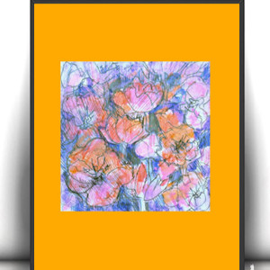 boho dekoracja na ścianę, mała grafika do przedpokoju, kwiatki obrazek 21x30, łąka rysunek A4, rysunek do kuchni, mały obrazek do sypialni, ogród plakat do domu, kolorowy obrazek z kwiatami