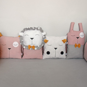 Ochraniacz modułowy do łóżeczka dziecięcego musztarda-brudny róż-szary